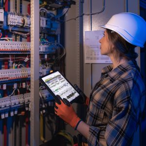 A woman electrician in hardhat inspects switchgear under blue night lighting while reviewing diagrams on a tablet. Visual for smartfactory, automation, iot and safetyfirst in modern industry.